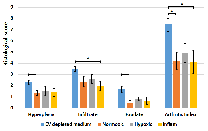 Examination of histological signs of arthritis pathogenesis following EV treatment shows significant therapeutic effects of EVs sourced from normoxic and pro-inflammatory pre-conditioned MSC cultures.